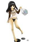  bag barefoot bikini bikini_under_clothes black_eyes black_hair copyright_request feet hanamaru_(artist) long_hair plastic_bag raglan_sleeves side-tie_bikini solo swimsuit swimsuit_under_clothes 