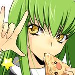  \m/ c.c. code_geass creayus eating food green_hair holding_pizza long_hair lowres macross macross_frontier parody pizza seikan_hikou slice_of_pizza solo star yellow_eyes 