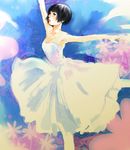  ballerina ballet bare_shoulders black_hair brown_eyes dress flower kazaana original pantyhose short_hair solo white_legwear 