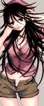  black_hair breasts casual cleavage hat large_breasts long_hair messy_hair original shorts solo takumi_namuchi zipper 