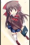  akane_souichi alternate_costume bag brown_hair hair_tubes hakurei_reimu looking_at_viewer pillarboxed pink_eyes school_bag school_uniform skirt solo thighhighs touhou white_legwear 