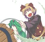  ^_^ blonde_hair bow bucket buttons closed_eyes dress green_hair hair_bow happy in_bucket in_container kisume kouzilow kurodani_yamame multiple_girls open_mouth short_hair touhou twintails vomit wooden_bucket 