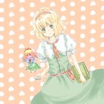  alice_margatroid bad_id bad_pixiv_id blonde_hair blue_eyes blush book dutch_angle green_eyes grimoire hairband holding holding_book looking_at_viewer polka_dot polka_dot_background puffy_short_sleeves puffy_sleeves rit519 shanghai_doll short_hair short_sleeves smile solo touhou 