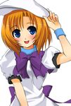  asahana_jun blue_eyes blush dress hat higurashi_no_naku_koro_ni open_mouth orange_hair ryuuguu_rena short_hair solo wristband 