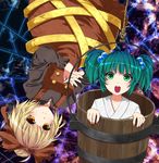  bad_id bad_pixiv_id blonde_hair brown_eyes bucket fuji_hyorone green_eyes green_hair hair_bobbles hair_ornament hair_ribbon in_bucket in_container kisume kurodani_yamame multiple_girls ribbon short_hair silk spider_web touhou wooden_bucket 