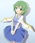  bad_id bad_pixiv_id blush daiyousei goro green_eyes green_hair open_collar open_mouth ribbon side_ponytail simple_background solo touhou v_arms wings 