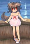  animal_ears blush brown_hair child collar dress fang feet hair_ribbon happy kannagi_cocoa original red_eyes ribbon sandals solo strap_slip tail toba_hiyoko 