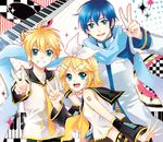  2boys aqua_eyes blonde_hair blue_eyes blue_hair blue_nails blue_scarf hair_ornament hair_ribbon hairclip headphones kagamine_len kagamine_rin kaito mca_(dessert_candy) microphone multiple_boys nail_polish necktie open_mouth ribbon scarf short_hair smile v vocaloid yellow_nails yellow_neckwear 