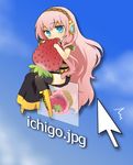  1girl bad_id bad_pixiv_id blue_eyes boots bright_pupils chibi cross-laced_footwear cursor eating food fruit glowing gold_trim icon lace-up_boots long_hair looking_at_viewer megurine_luka meimone minigirl pink_hair romaji sitting solo strawberry very_long_hair vocaloid wavy_hair 