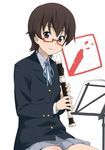  brown_hair glasses instrument k-on! manabe_nodoka recorder red-framed_eyewear school_uniform semi-rimless_eyewear sexually_suggestive short_hair skirt solo under-rim_eyewear youkan 