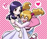  2girls ^_^ artist_request blue_hair brown_hair closed_eyes eyelashes fresh_precure! glomp heart higashi_setsuna hug momozono_love multiple_girls open_mouth pink_scrunchie polka_dot polka_dot_background precure red_eyes scrunchie short_twintails smile twintails yuri 