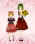  ascot bad_id bad_pixiv_id blonde_hair blue_eyes bubble_skirt dress flower geike green_hair hair_ribbon holding holding_flower holding_hands kazami_yuuka lily_of_the_valley medicine_melancholy multiple_girls pink_background plaid plaid_skirt plaid_vest red_eyes ribbon short_hair skirt skirt_set sunflower touhou unmoving_pattern vest 