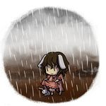  &gt;_&lt; :x animal_ears brown_hair bunny bunny_ears chibi closed_eyes inaba_tewi puddle rain short_hair simple_background skirt skirt_lift socha solo touhou trembling |_| 