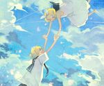  1girl bad_id bad_pixiv_id blonde_hair brother_and_sister closed_eyes cloud day dress hair_ribbon holding_hands kagamine_len kagamine_rin mig_(36th_underground) ribbon siblings twins vocaloid 