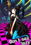  akiyama_mio bad_id bad_pixiv_id bangs bass_guitar black_hair blue_eyes blue_legwear blunt_bangs checkered don't_say_&quot;lazy&quot; dress elbow_gloves facepaint fingerless_gloves gloves hat high_heels highres hime_cut instrument k-on! long_hair mini_hat mini_top_hat myama pantyhose shoes solo top_hat 