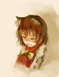  animal_ears blush brown_hair cat_ears chen clenched_teeth crying crying_with_eyes_open earrings jewelry no_hat no_headwear sad short_hair sketch solo tears teeth touhou upper_body yae_(mono110) 