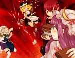  bad_id bad_pixiv_id battle blonde_hair blush book bookshelf broom broom_riding duel gwayo head_wings izayoi_sakuya kirisame_marisa knife koakuma library mini-hakkero multiple_girls patchouli_knowledge purple_hair red_hair touhou voile 