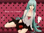  apple aqua_eyes aqua_hair black_legwear camisole food fruit hair_down hatsune_miku heart long_hair panties pink_panties rino_(okota) romeo_to_cinderella_(vocaloid) shirt sitting skirt socks solo star underwear vocaloid 