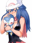  between_breasts blue_eyes blue_hair blush breasts fumio_(rsqkr) gen_4_pokemon hat hikari_(pokemon) kiss large_breasts lips long_hair piplup pokemon pokemon_(creature) red_scarf scarf 