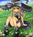 blonde_hair braid field flower garters hat kirisame_marisa okiraku_nikku solo touhou witch_hat yellow_eyes 