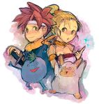  1girl :o blonde_hair chrono_trigger crono green_eyes index_finger_raised kilwala looking_at_viewer marle monster nu parted_lips red_hair sakurako scarf sheath sheathed simple_background sketch smile spiked_hair sword upper_body weapon white_background yellow_eyes 