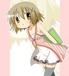  bare_shoulders blush brown_hair casual dress hair_ornament hidamari_sketch minami_(colorful_palette) short_hair sketchbook solo thighhighs x_hair_ornament yuno zettai_ryouiki zoom_layer 