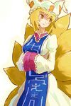  animal_ears blonde_hair fox_tail hands_in_opposite_sleeves hat looking_back multiple_tails oso_(toolate) solo tail touhou yakumo_ran yellow_eyes 
