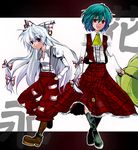  ascot bad_id bad_pixiv_id boots fujiwara_no_mokou green_hair kazami_yuuka long_hair multiple_girls plaid plaid_skirt plaid_vest red_eyes short_hair skirt skirt_set toraneko touhou vest 