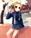  brown_eyes brown_hair day headphones k-on! outdoors school_uniform shin_(new) short_hair solo tainaka_ritsu tomboy 