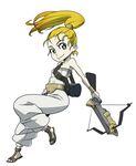  bare_shoulders blonde_hair bow_(weapon) chrono_trigger crossbow earrings green_eyes jewelry marle ponytail sandals smile solo weapon yubidoriru 