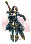  armor bad_id bad_pixiv_id boots breasts brown_hair cleavage gauntlets green_eyes highres huge_weapon large_breasts monster_hunter rondo_bell sheath sheathed short_hair solo sword weapon 