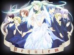  4girls angel_wings black_hair blonde_hair blue_eyes blue_hair brown_hair commentary_request dress flower formal green_eyes green_hair hair_ribbon hands_clasped hatsune_miku kagamine_len kagamine_rin kaito kamui_gakupo katsukumi meiko multiple_boys multiple_girls own_hands_together prima purple_eyes purple_hair red_eyes ribbon song_name twintails vocaloid white_dress wings 