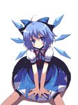  ahoge arm_support bad_id bad_pixiv_id blue_eyes blue_hair blush cirno from_above hands highres looking_up outstretched_hand ribbon rie_(reverie) short_hair simple_background sitting sketch solo staring touhou v_arms wings 