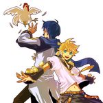  ahoge angry aqua_eyes belt bird blue_hair blue_scarf chick chicken chiru_(sanifani) detached_sleeves feathers headphones kagamine_len kaito male_focus microphone multiple_boys necktie rooster scarf smile sweat vocaloid yellow_neckwear 