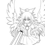  bow greyscale hair_bow long_hair monochrome moto_jukensei reiuji_utsuho solo touhou wings 