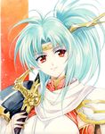  agahari angelina_(langrisser) aqua_hair armor bangs cape circlet closed_mouth green_hair holding holding_sword holding_weapon langrisser langrisser_iv long_hair looking_at_viewer pale_skin pauldrons ponytail red_background red_eyes sheath sheathed smile solo sword two-tone_background upper_body weapon white_background white_cape 