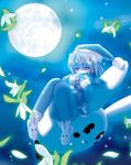  animal_slippers artist_request blue_hair blush bunny_slippers flower full_moon hat knees_together_feet_apart kotonomiya_yuki moon night nightcap pajamas pom_pom_(clothes) red_eyes snowdrop_(flower) snowman_print solo suigetsu 