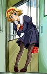  blonde_hair blue_eyes blush copyright_request hairband legs nomiya37564 obentou pantyhose school_uniform short_hair solo 