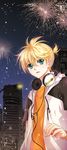  aerial_fireworks aqua_eyes blonde_hair casual fire_flower_(vocaloid) fireworks headphones kagamine_len male_focus mca_(dessert_candy) solo vocaloid 