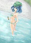  adjusting_clothes adjusting_swimsuit bad_id bad_pixiv_id bikini blue_eyes blue_hair butt_crack cucumber eating hair_bobbles hair_ornament hat kawashiro_nitori looking_back mouth_hold short_hair solo swimsuit tadokoro_teppei touhou twintails two_side_up wading 