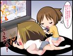  akaho_sakura bad_id bad_pixiv_id barefoot brown_hair chibi chun-li closed_eyes controller hirasawa_ui joystick k-on! kneeling lying multiple_girls on_stomach open_mouth pantyhose pillow playing_games ponytail short_hair socks street_fighter tainaka_ritsu television tomboy translated video_game zangief 