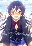  black_hair blazer blush brown_eyes character_name embarrassed happy_birthday heart jacket long_hair looking_at_viewer love_live! love_live!_school_idol_project neck_ribbon open_mouth otonokizaka_school_uniform petals ribbon school_uniform shiki_hinako skirt sky solo sonoda_umi striped striped_ribbon 