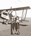  aircraft airplane akagi_(kantai_collection) biplane houshou_(kantai_collection) kantai_collection kawashina_(momen_silicon) mitsubishi_1mf monochrome multiple_girls smile 