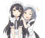  2girls ;d agano_(kantai_collection) alternate_costume apron bad_id bad_twitter_id black_hair blush_stickers enmaided green_eyes grey_hair hair_ornament hairclip hand_on_another's_shoulder kantai_collection kuroshio_(kantai_collection) long_hair looking_at_viewer looking_away maid maid_apron maid_headdress multiple_girls one_eye_closed open_mouth short_hair short_sleeves simple_background smile standing totoki86 v_arms white_background 