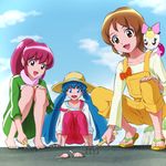  aino_megumi bad_id bad_pixiv_id barefoot blue_eyes blue_hair bow brown_eyes brown_hair happinesscharge_precure! hat highres jacket long_hair mont_blanc_(heartcatch_ayaya) multiple_girls oomori_yuuko overalls pants pink_bow pink_eyes pink_hair ponytail precure ribbon_(happinesscharge_precure!) sandals shirayuki_hime short_hair smile squatting strap_slip track_jacket twintails 