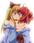  ahoge akaza_akari backlighting bare_shoulders blonde_hair blush bow breast_grab collarbone eye_contact grabbing hair_bow hair_bun japanese_clothes kimono kiss long_hair looking_at_another multiple_girls red_hair shishinon short_hair toshinou_kyouko white_background yukata yuri yuru_yuri 