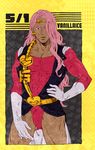  dark_skin dark_skinned_male gloves highres jojo_no_kimyou_na_bouken leotard long_hair male_focus pink_hair red_eyes red_leotard solo tit_horse vanilla_ice 