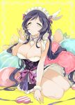  breasts choker cleavage gj green_eyes heart heart_pillow large_breasts long_hair love_live! love_live!_school_idol_project mogyutto_&quot;love&quot;_de_sekkin_chuu! pillow purple_hair ribbon sitting solo toujou_nozomi yellow_background yokozuwari 