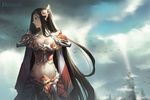  armor bird black_eyes black_hair breasts cleavage cloud cloudy_sky eirashard frown highres irelia large_breasts league_of_legends long_hair long_sleeves looking_to_the_side midriff navel sky solo 