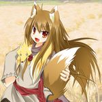  :d animal animal_ears brown_hair fang field fox hand_on_hip holding_own_tail holo long_hair open_mouth red_eyes smile spice_and_wolf tachi_yure tail wheat wheat_field wolf_ears wolf_tail 